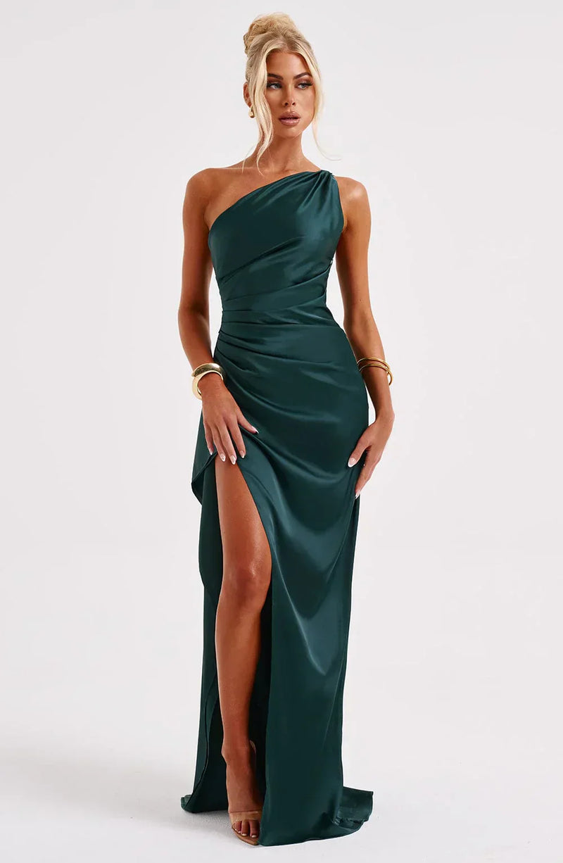 Stylish Satin Dress with Pleats and Shoulder Detail - Selene-Red-XS-State of Style