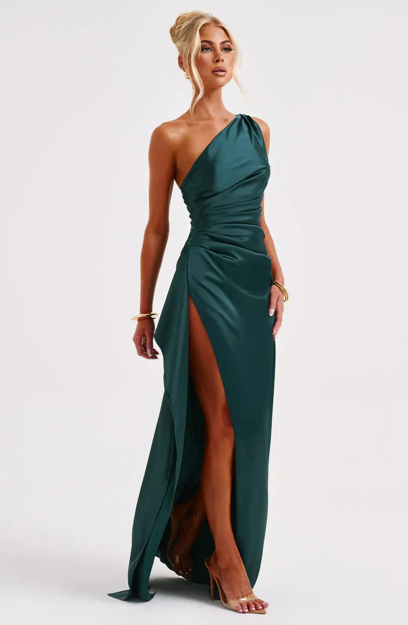Stylish Satin Dress with Pleats and Shoulder Detail - Selene-Red-XS-State of Style