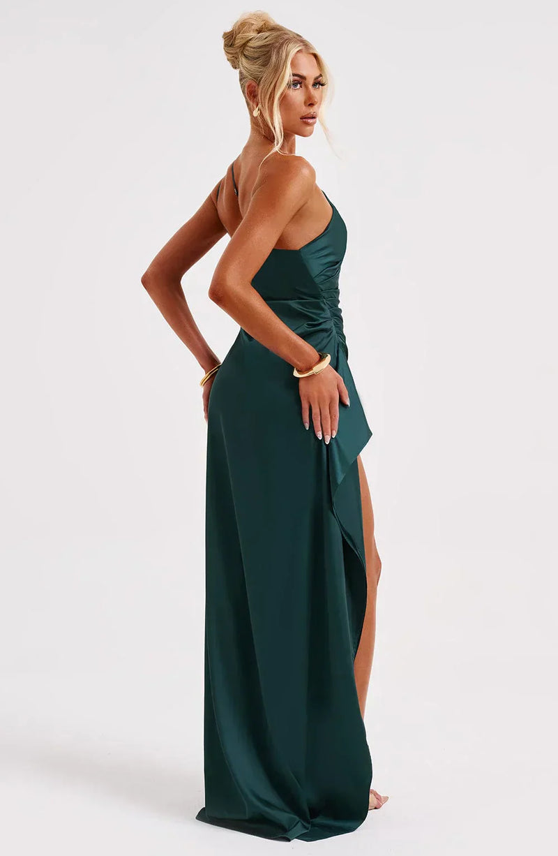 Stylish Satin Dress with Pleats and Shoulder Detail - Selene-Red-XS-State of Style