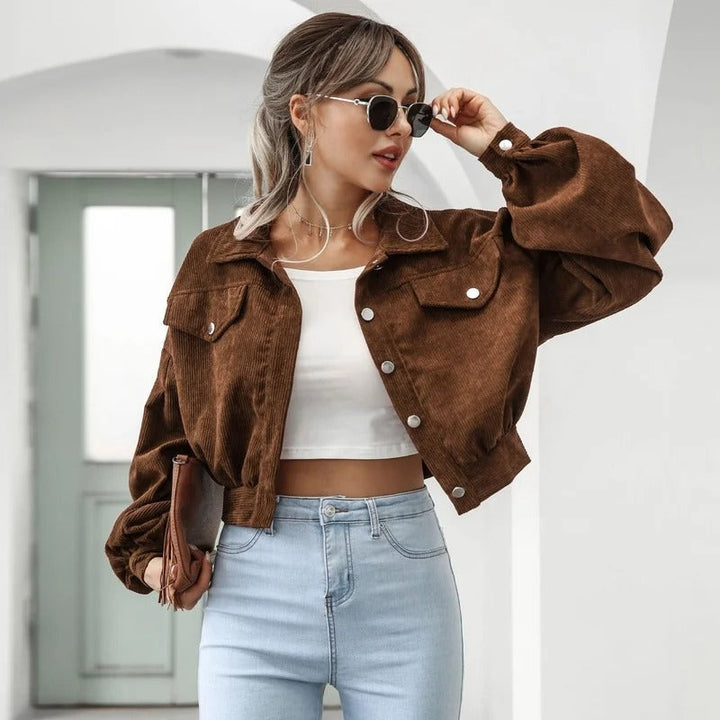 Stylish short denim jacket - Amira-Brown-S-State of Style