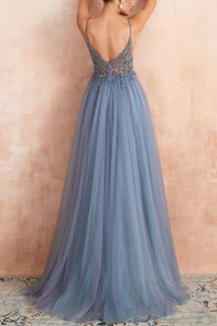 Stylish Tulle Evening Dress with V-Neck and Split - Elena-Light Blue-AU4-State of Style
