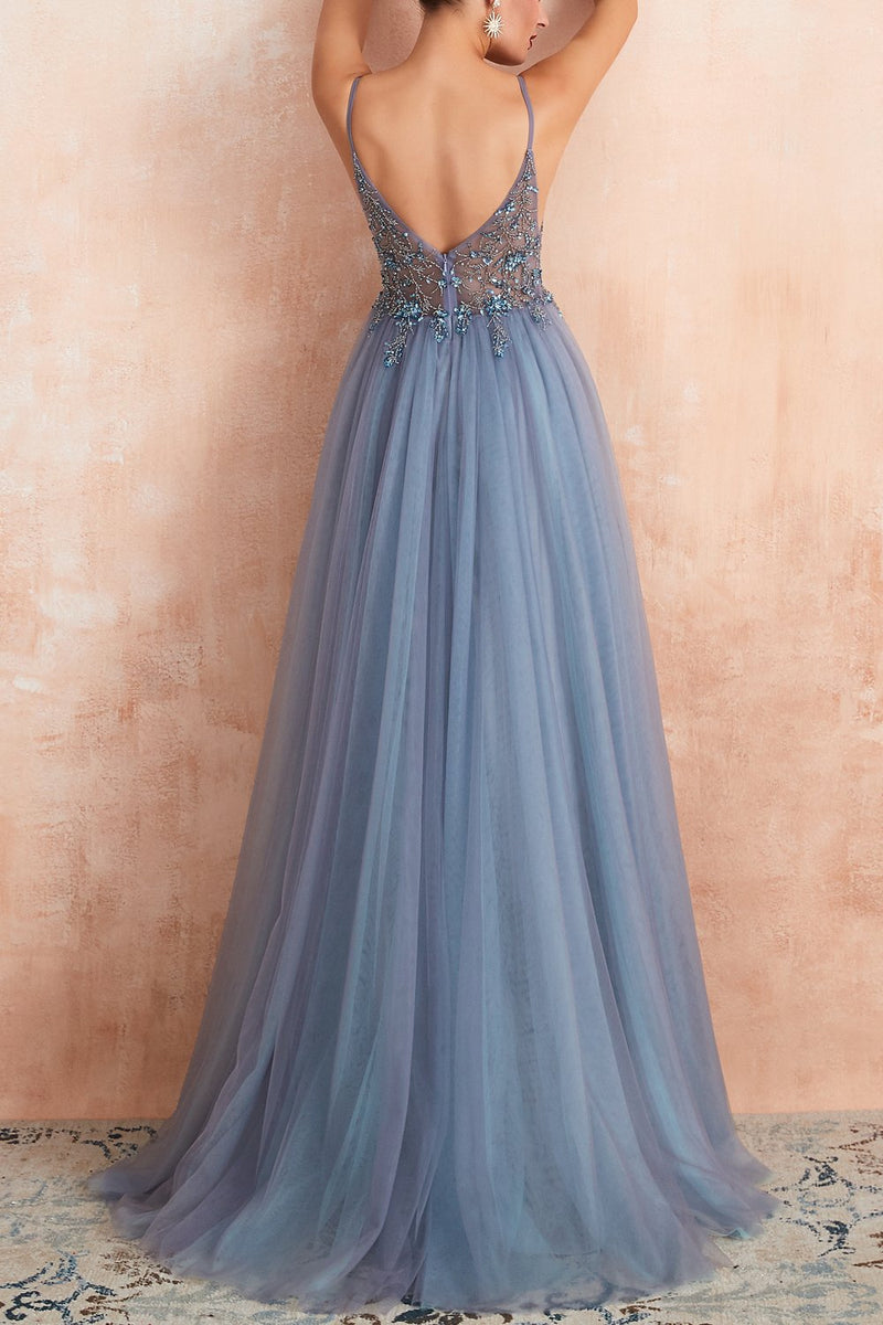 Stylish Tulle Evening Dress with V-Neck and Split - Elena-Light Blue-AU4-State of Style