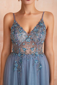 Stylish Tulle Evening Dress with V-Neck and Split - Elena-Light Blue-AU4-State of Style