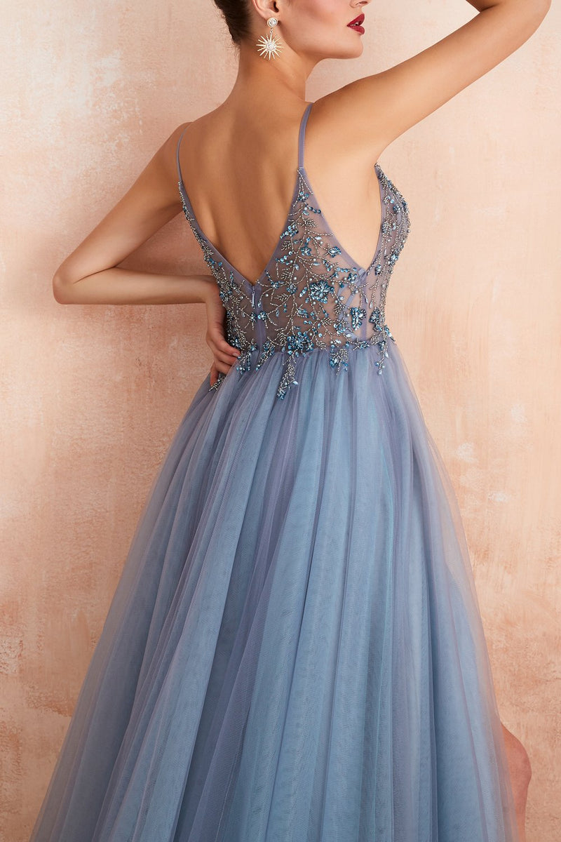 Stylish Tulle Evening Dress with V-Neck and Split - Elena-Light Blue-AU4-State of Style