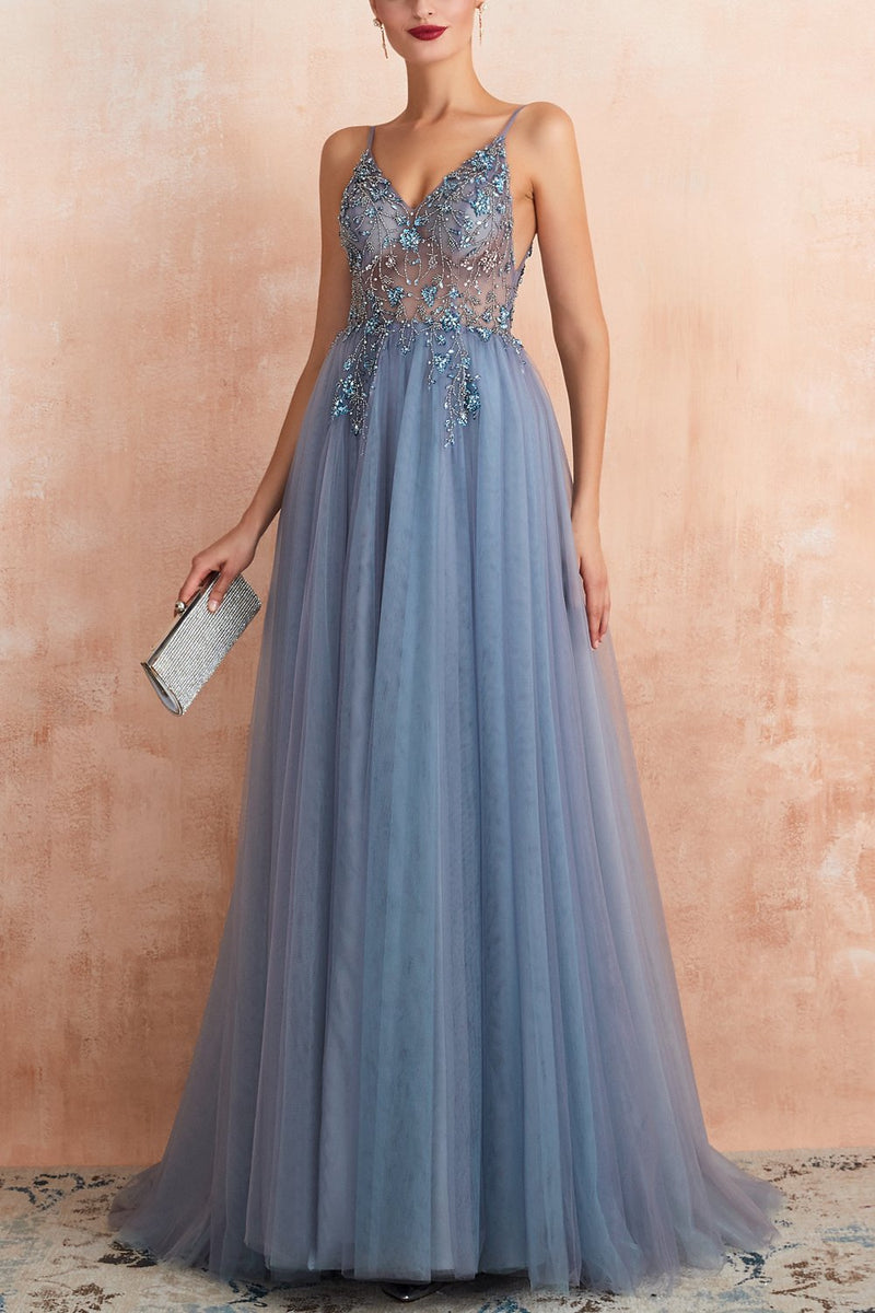 Stylish Tulle Evening Dress with V-Neck and Split - Elena-Light Blue-AU4-State of Style