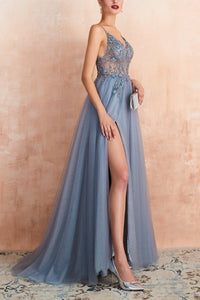 Stylish Tulle Evening Dress with V-Neck and Split - Elena-Light Blue-AU4-State of Style