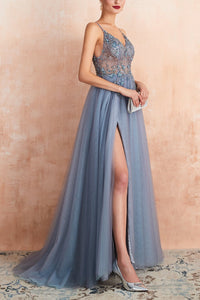 Stylish Tulle Evening Dress with V-Neck and Split - Elena-Light Blue-AU4-State of Style