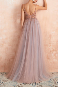Stylish Tulle Evening Dress with V-Neck and Split - Elena-Light Blue-AU4-State of Style