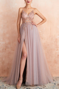 Stylish Tulle Evening Dress with V-Neck and Split - Elena-Pink-AU4-State of Style