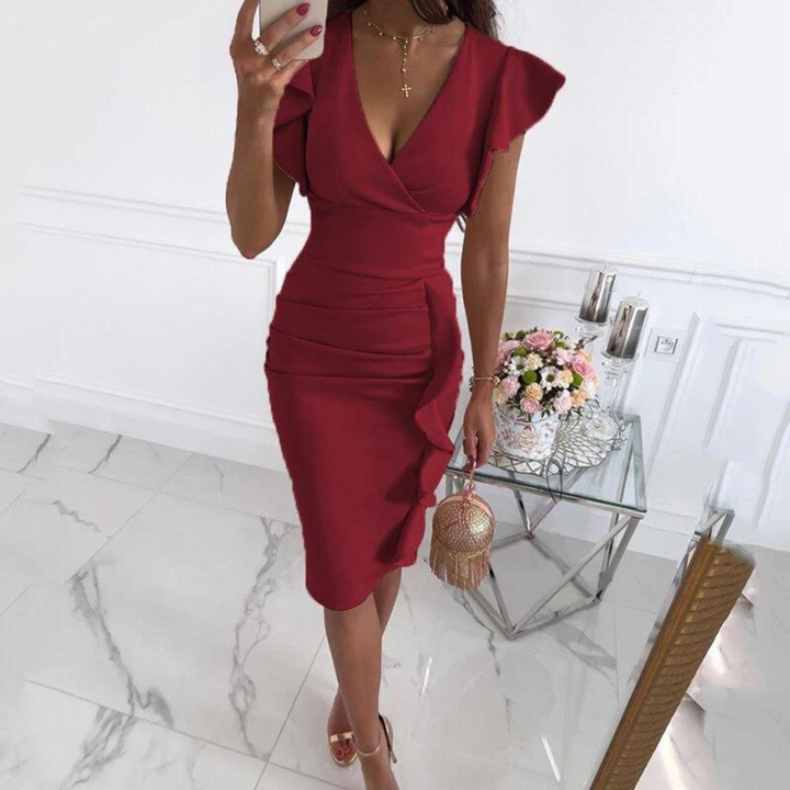 Stylish V-Neck Dress with Pleated Sleeves - Maud-Dark Red-S-State of Style