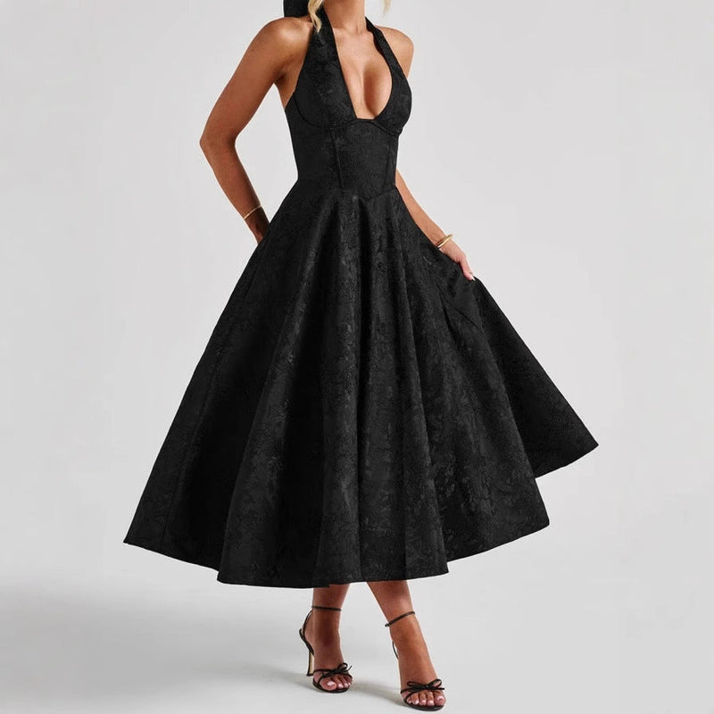 Stylish Women's A-Line Cocktail Dress with Deep V-Neck – Liora-Black-M-State of Style