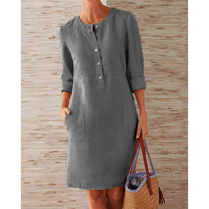 Stylish women's casual dress with pockets & round neckline – Niva-Gray-M-State of Style