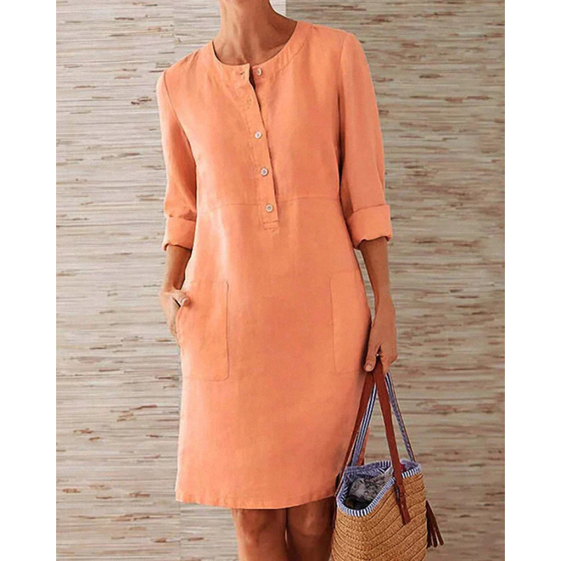 Stylish women's casual dress with pockets & round neckline – Niva-Orange-M-State of Style