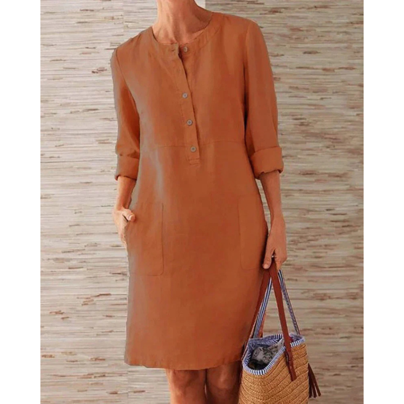 Stylish women's casual dress with pockets & round neckline – Niva-Red-M-State of Style