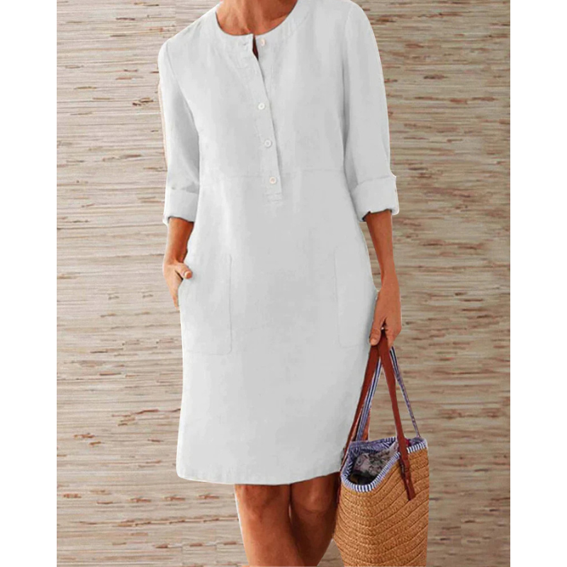 Stylish women's casual dress with pockets & round neckline – Niva-White-M-State of Style