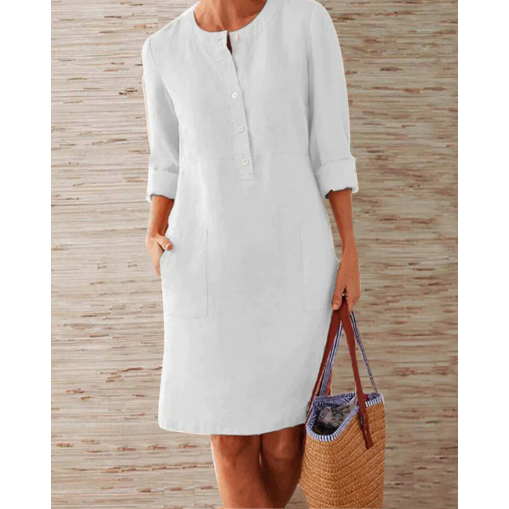 Stylish women's casual dress with pockets & round neckline – Niva-White-M-State of Style
