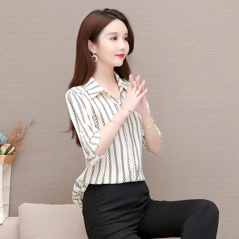 Stylish women's chiffon blouse with buttons & fold-over collar – Fenya-Cream white-L-State of Style
