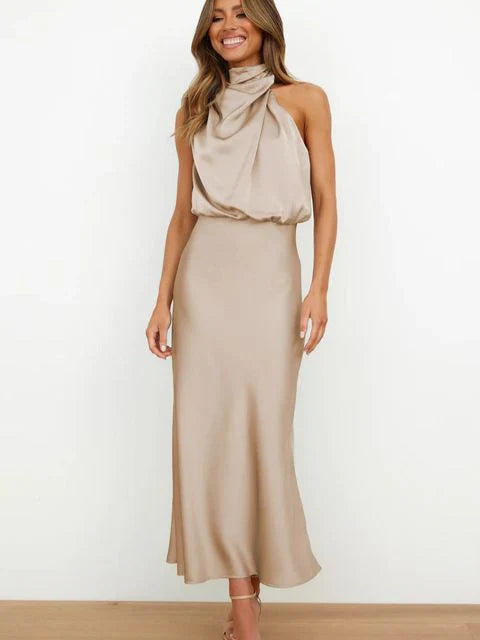 Stylish women's evening dress with a high neck made of satin for summer events – Elina-Beige-S-State of Style