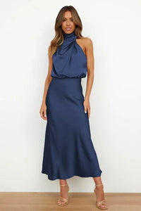 Stylish women's evening dress with a high neck made of satin for summer events – Elina-Blue-S-State of Style