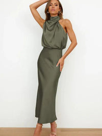 Stylish women's evening dress with a high neck made of satin for summer events – Elina-Green-S-State of Style