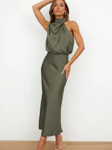 Stylish women's evening dress with a high neck made of satin for summer events – Elina-Green-S-State of Style