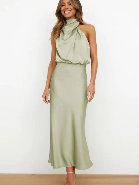 Stylish women's evening dress with a high neck made of satin for summer events – Elina-Light green-S-State of Style