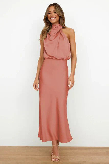 Stylish women's evening dress with a high neck made of satin for summer events – Elina-Pink-S-State of Style