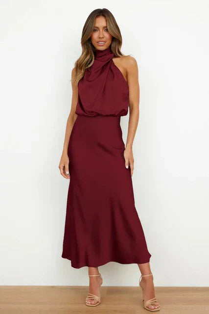 Stylish women's evening dress with a high neck made of satin for summer events – Elina-Red-S-State of Style