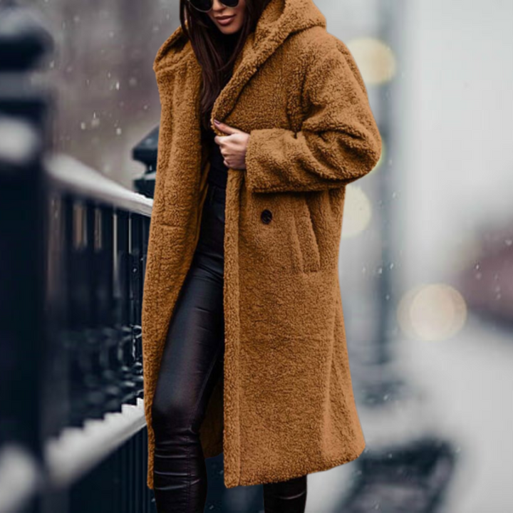 Stylish Women's Faux Fur Coat with Hood - Vivienne-Golden Camel-S-State of Style