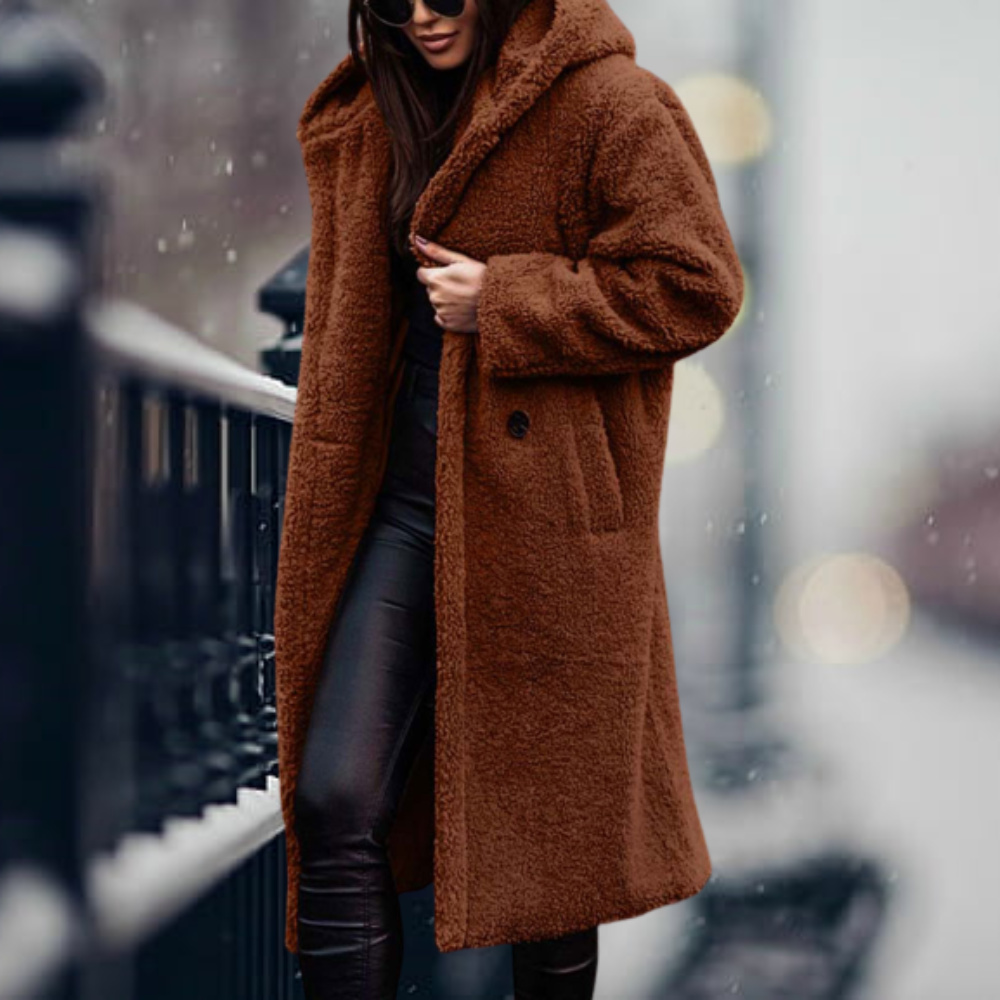 Stylish Women's Faux Fur Coat with Hood - Vivienne-Reddish Brown-S-State of Style