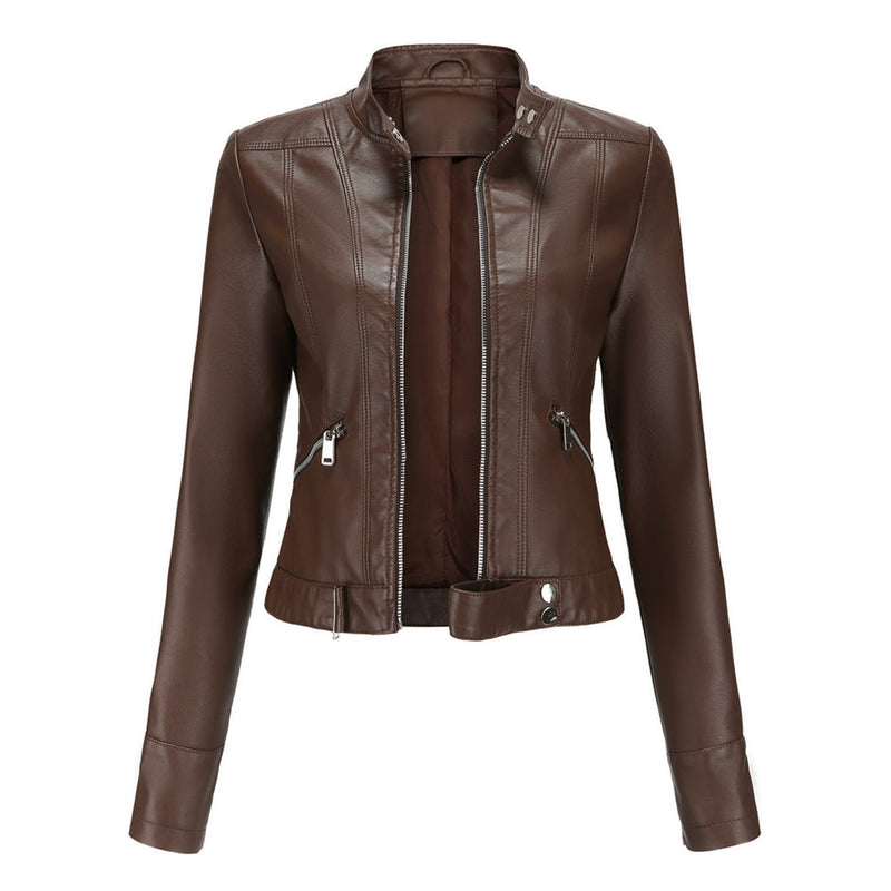 Stylish women's leather jacket in classic design – Marlene-Beige-S-State of Style