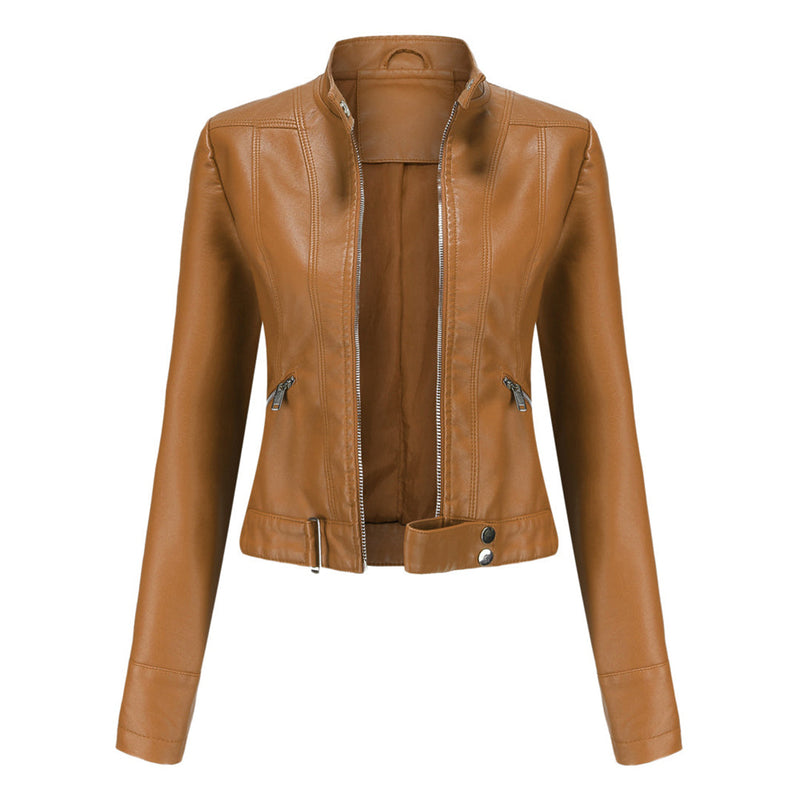 Stylish women's leather jacket in classic design – Marlene-Coffee brown-S-State of Style