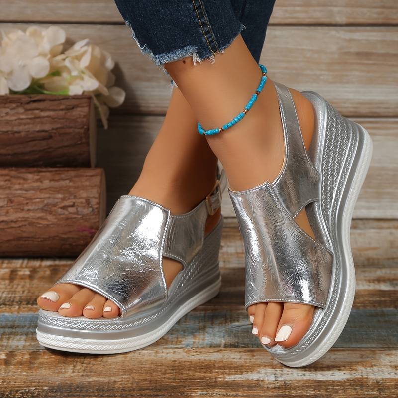 Stylish women's orthopedic summer shoes with wedge heel & fringe – Tilda-3.5-Silver-State of Style