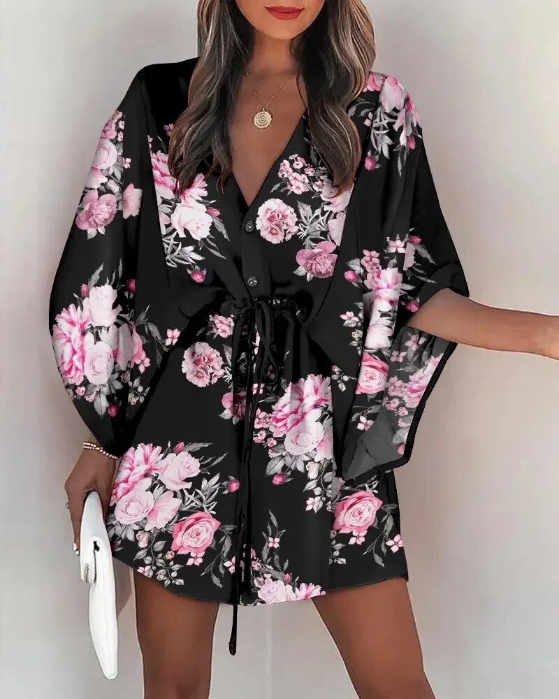 Summer dress with V-neck and ruffle sleeves – Amira-D-S-State of Style