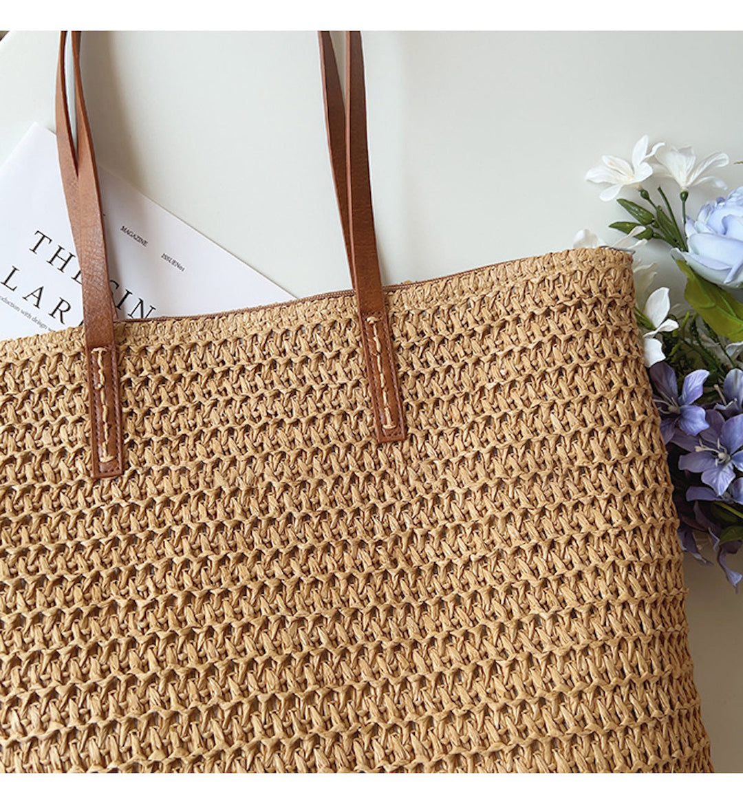SummerBreeze Tote - Woven Rattan Bag with Leather Straps-Brown-State of Style