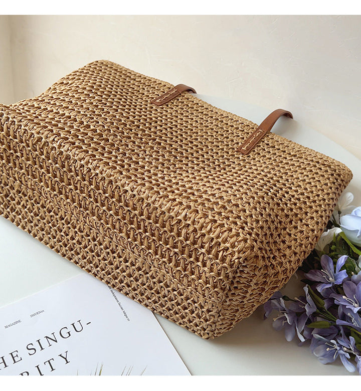 SummerBreeze Tote - Woven Rattan Bag with Leather Straps-Brown-State of Style