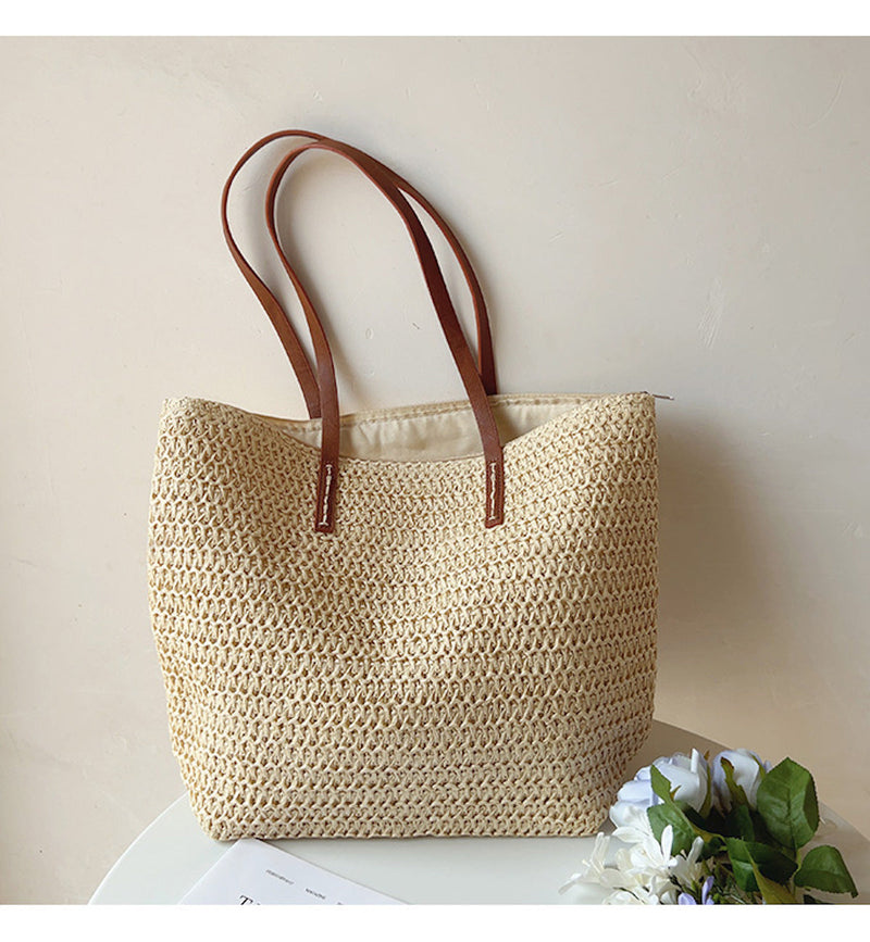 SummerBreeze Tote - Woven Rattan Bag with Leather Straps-White-State of Style
