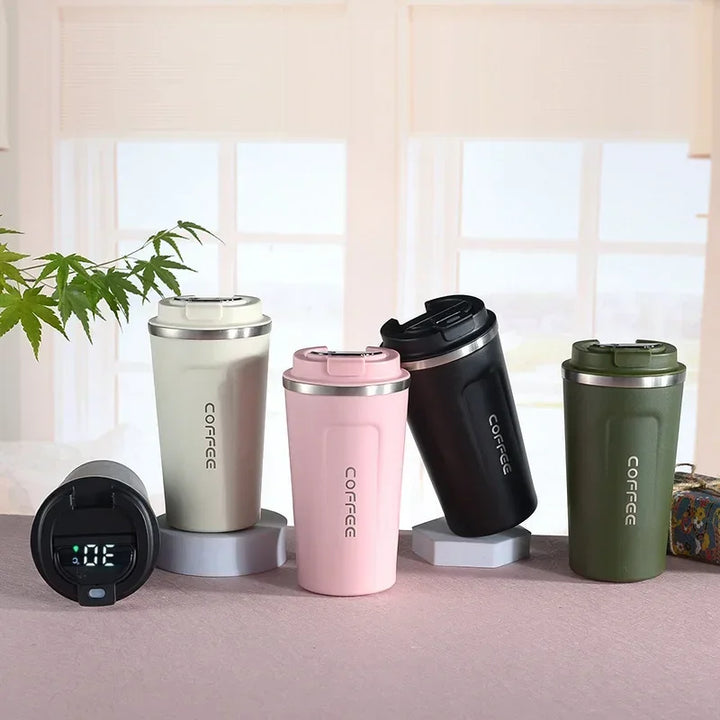 TempMate Smart Stainless Steel Thermos Mug with Temperature Display-380ML-Pink with Portable Strap-State of Style
