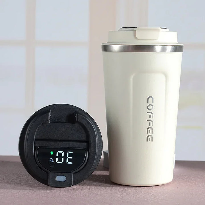 TempMate Smart Stainless Steel Thermos Mug with Temperature Display-380ML-Pink with Portable Strap-State of Style