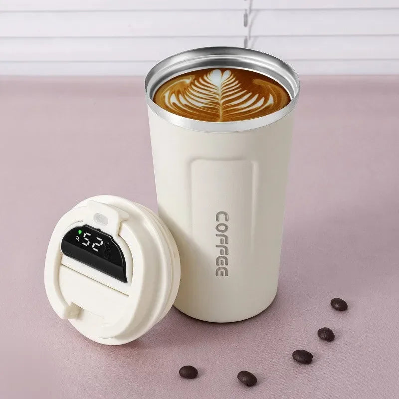 TempMate Smart Stainless Steel Thermos Mug with Temperature Display-380ML-Pink with Portable Strap-State of Style