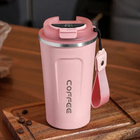 TempMate Smart Stainless Steel Thermos Mug with Temperature Display-380ML-Pink with Portable Strap-State of Style