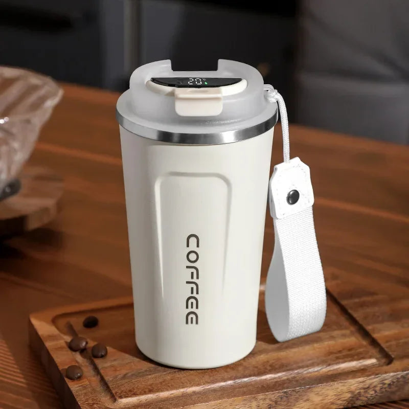 TempMate Smart Stainless Steel Thermos Mug with Temperature Display-380ML-White with Carrying Handle-State of Style