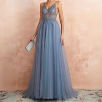 Theresa Tulle Dress with Slit and V-Neck-Blue-XS-State of Style