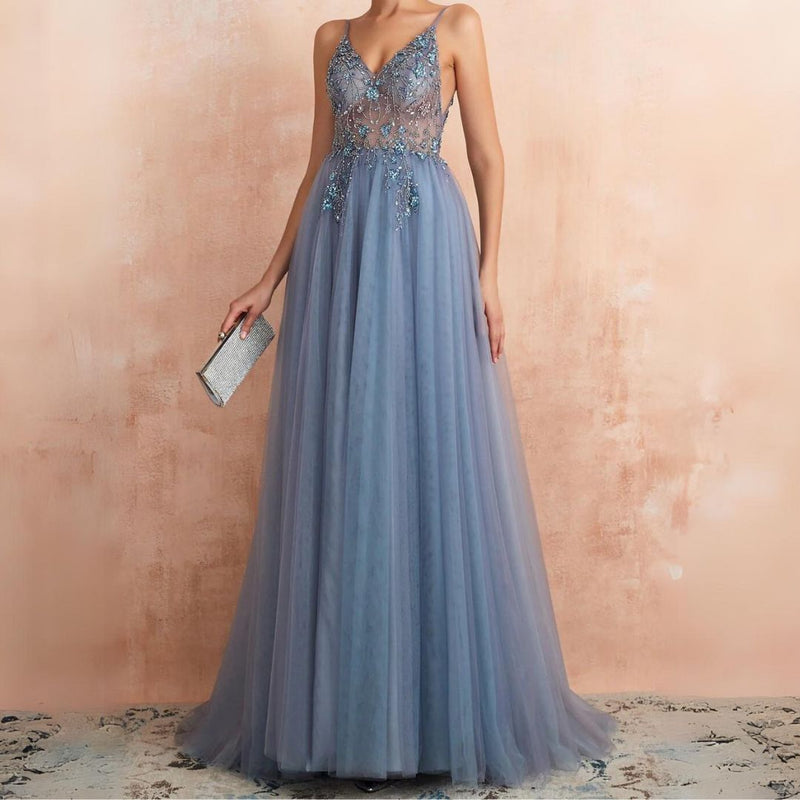 Theresa Tulle Dress with Slit and V-Neck-Blue-XS-State of Style