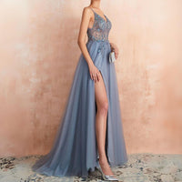Theresa Tulle Dress with Slit and V-Neck-Blue-XS-State of Style