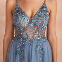 Theresa Tulle Dress with Slit and V-Neck-Blue-XS-State of Style