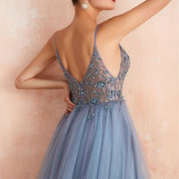 Theresa Tulle Dress with Slit and V-Neck-Blue-XS-State of Style