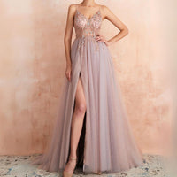 Theresa Tulle Dress with Slit and V-Neck-Pink-XS-State of Style