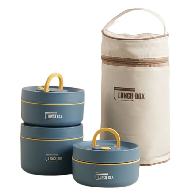ThermoBox Multi-Layered Insulated Lunchbox with FREE Carry Bag-2x Small + Large-Blue-State of Style