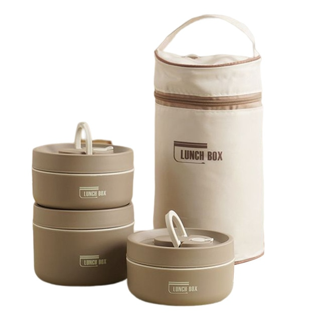 ThermoBox Multi-Layered Insulated Lunchbox with FREE Carry Bag-2x Small + Large-Brown-State of Style